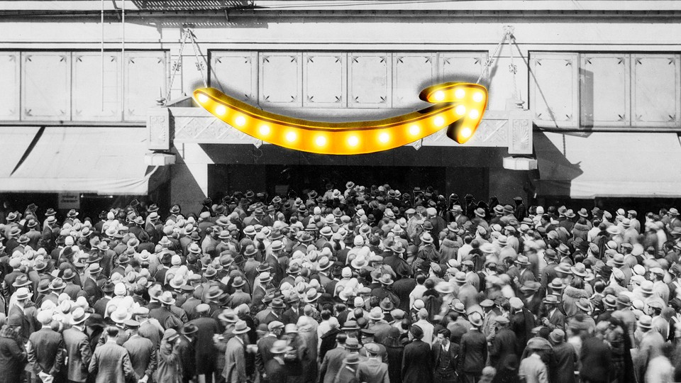 An old-timey crowd floods into a store with a giant Amazon logo superimposed on it.