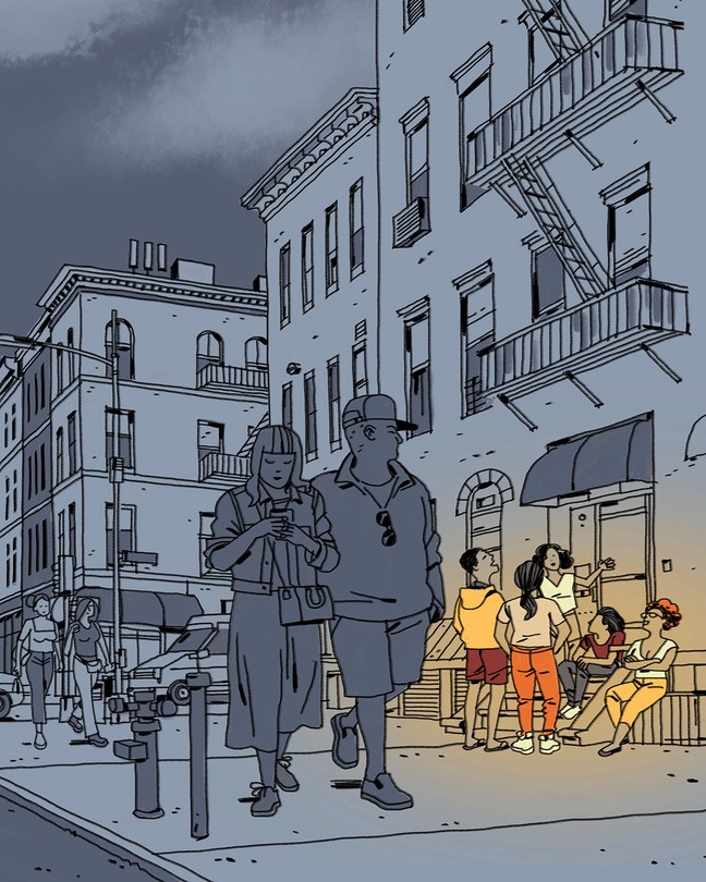 illustration of Brooklyn street at night with a couple walking past and giving a dirty look to a group of people on a brightly lit stoop who are talking and laughing
