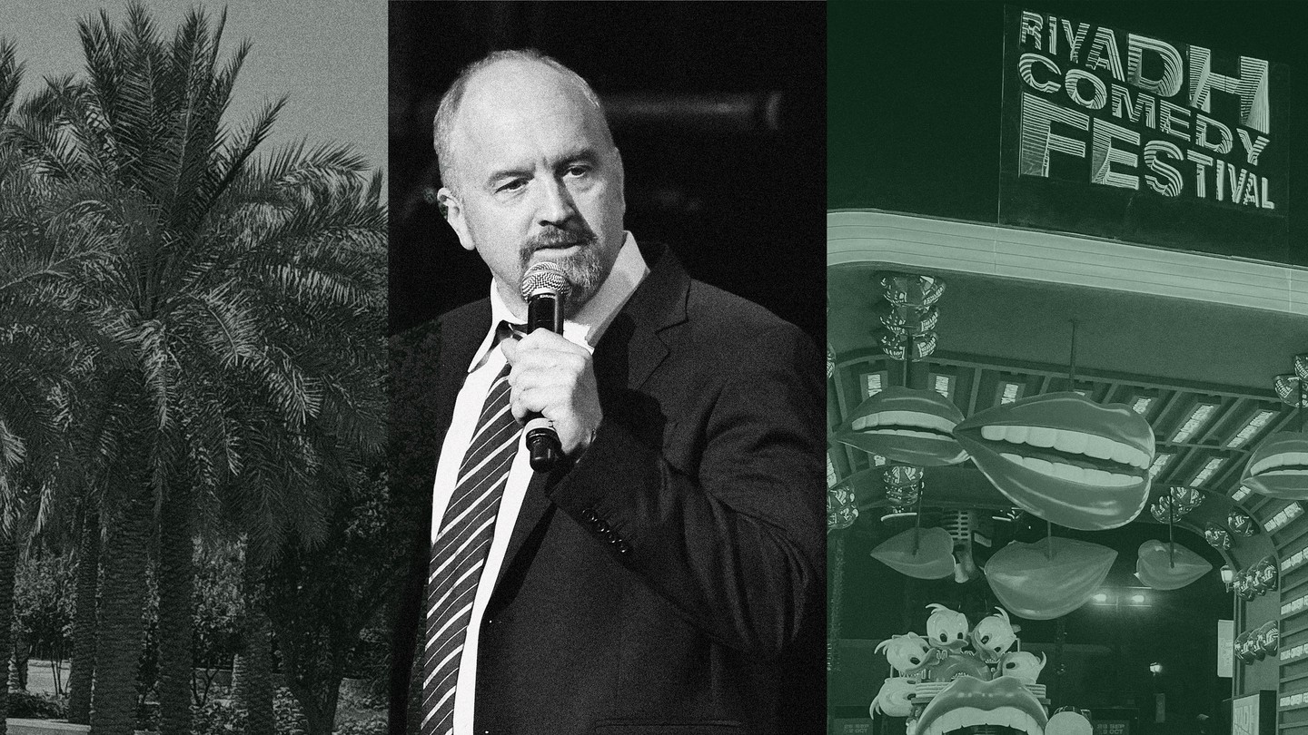 a photo collage of Louis CK, a palm tree, and a scene from the Riyadh Comedy Festival