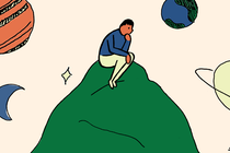 A cartoon figure contemplates on a rock