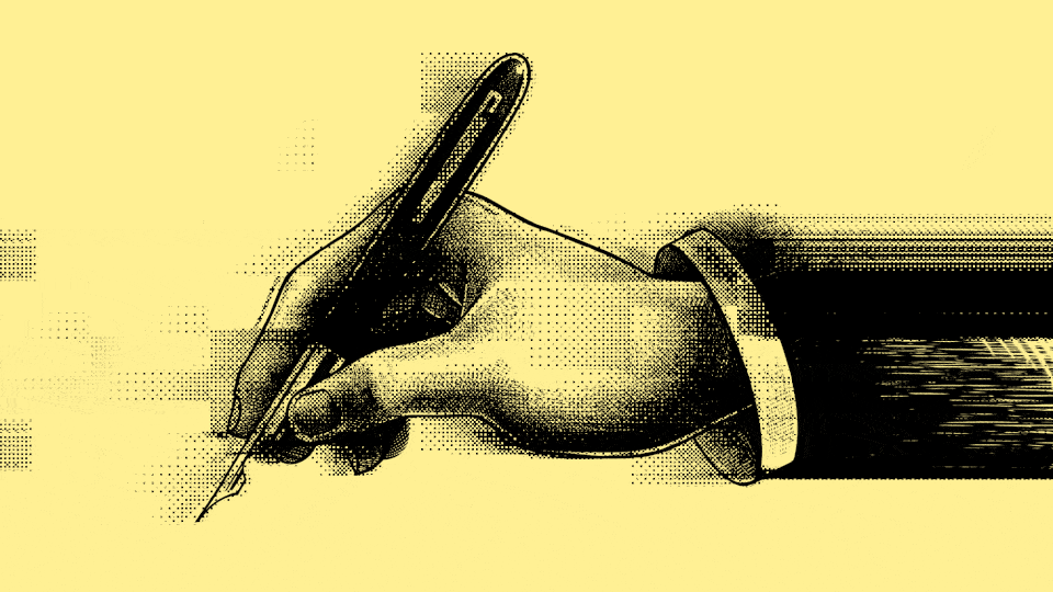 a glitchy illustration of a hand holding a pen
