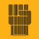Illustration with black bar codes in shape of raised closed fist on dark-yellow background.