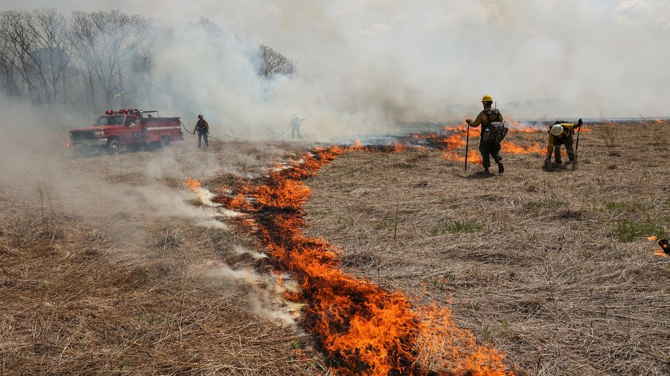 a wildfire and firefighters