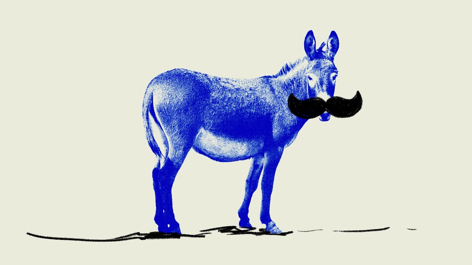 A blue donkey with a large moustache