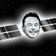 A black-and-white illustration shows a satellite in space with the face of Elon Musk.