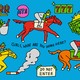 A racetrack-themed collage featuring several horses with jockeys, a mint julep, some money being lit on fire, a cigarette, etc.