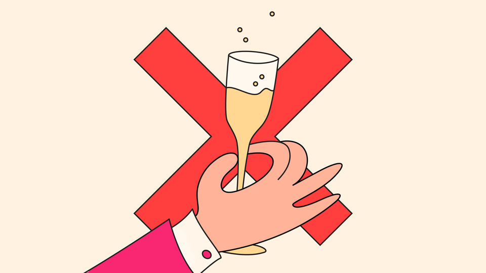 An illustration of a hand holding a bubbling champagne glass, in front of a giant red X
