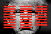 An illustration of a black-and-white photo of Donald Trump overlaid with three columns of horizontal red lines