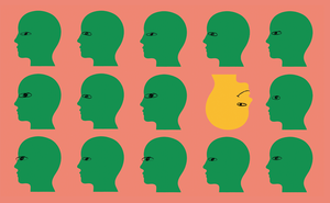 Illustration of rows of green heads with one upside-down yellow head