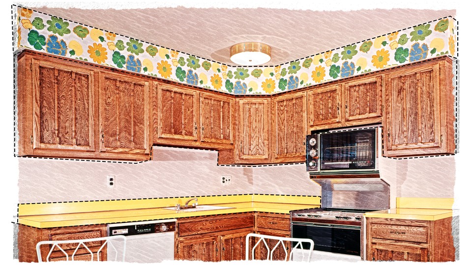 An illustration of a bright kitchen with floral border and wooden cabinets