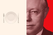 A photo of Robert Taft next to a photo of an empty plate flanked by fork and knife