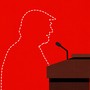 An illustration of a lectern with an empty, dotted-line silhouette of Donald Trump standing behind it