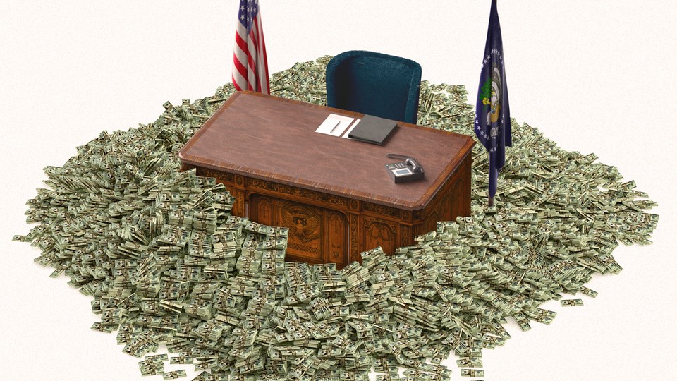 A graphic illustration of the president's desk in the Oval Office surrounded by piles of cash.