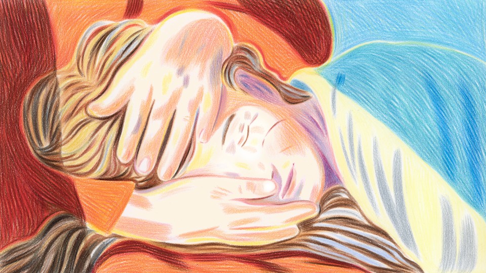 An illustration of a woman laying on someone's lap; the other person is touching the woman's head