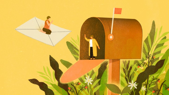 An illustration of the two friends. One is waving from inside a giant mailbox. The other is riding a giant letter into that mailbox.