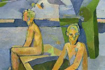 A painting of two men facing different directions