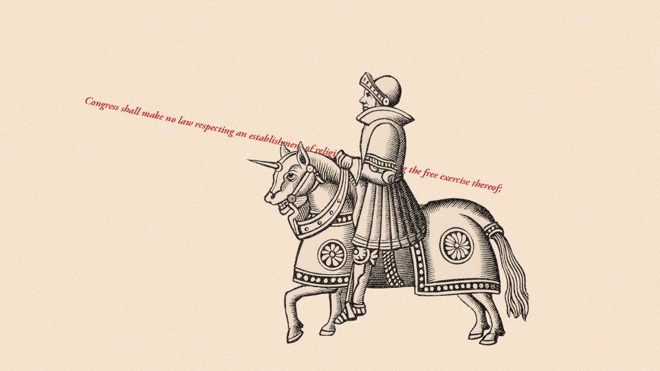 An illustration of a knight with the words of the First Amendment standing in as his spear