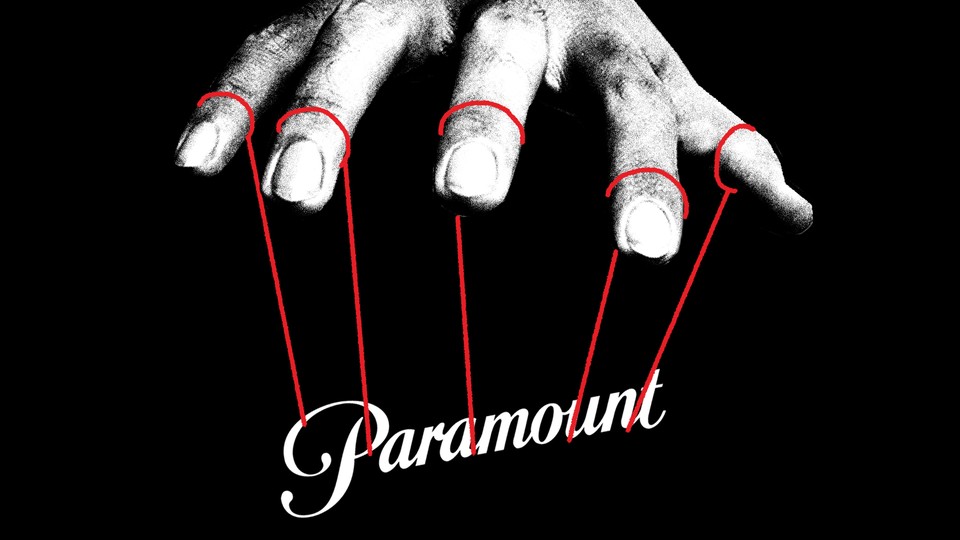 An illustration of a giant hand puppeteering the brand logo of Paramount