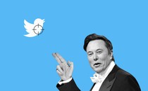 Photo illustration of Elon Musk pointing his fingers like a gun toward the Twitter logo, which has crosshairs over it.