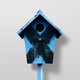 Photo-illustration of a blue birdhouse with a black "X" painted on it