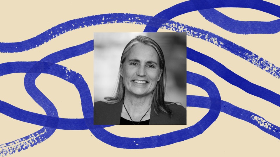 A black-and-white photo of Fiona Hill, surrounded by an illustrated border