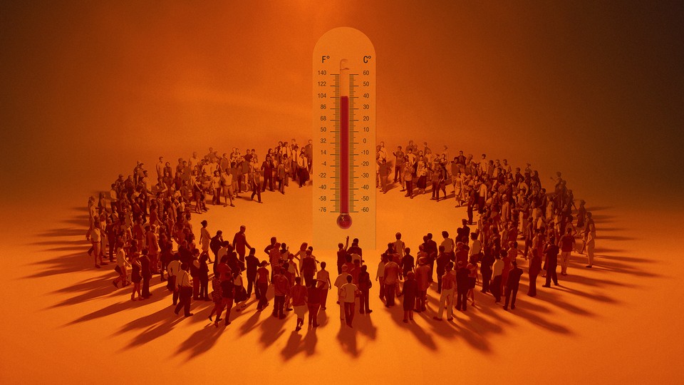 A super-tall thermometer surrounded by a circle of people