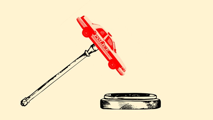 An illustration of a gavel with a police car attached