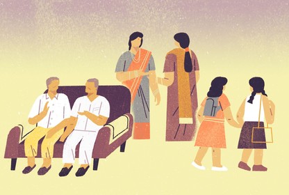 Illustration of two old men sitting on a couch, two women in saris talking, and two young girls wearing backpacks holding hands