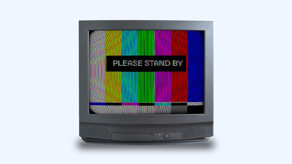 A television broadcasting a test pattern and the words "please stand by"