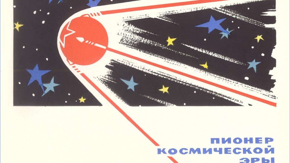 A stylized poster of Sputnik that reads "pioneer of the cosmic era."