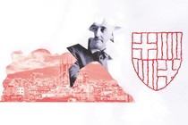 illustration with black-and-white photo of Franco cut into irregular shape over red halftone photo of Barcelona skyline with Sagrada Familia next to embroidered red crest or shield on white background