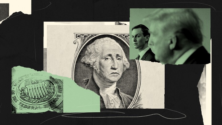 An illustration of money, Jared Kushner, and Donald Trump.