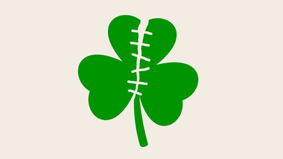 An illustration of a green shamrock ripped in half and stitched back up