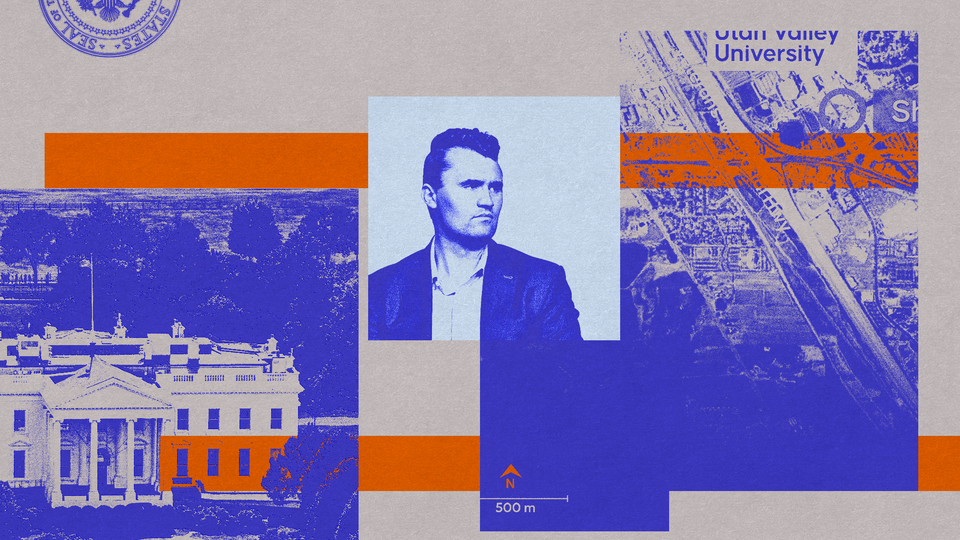 An illustration featuring the White House, Charlie Kirk and a map of Utah Valley University.