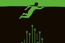 illustration with child's green silhouette swimming across black sea with creature or plant styled as the nodes of a silicon chip reaching up out ominously of the depths