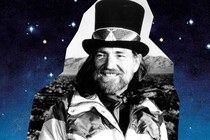 Cutout of Willie Nelson with a top hat against blue background of stars