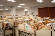 Carts containing documents sit organized at the IRS Processing Facility in Texas