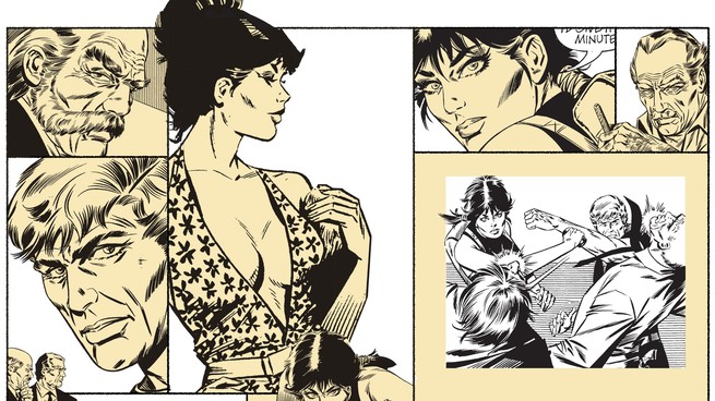 A yellow, white, white and black comic strip of Modesty Blaise