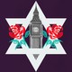 A combination of the Star of David, the Big Ben clock tower at Britain's Houses of Parliament, and the rose symbol of the British Labour Party.