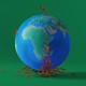 An illustration of a globe centered on Africa, with red ants crawling from the bottom of the image to converge on Kenya