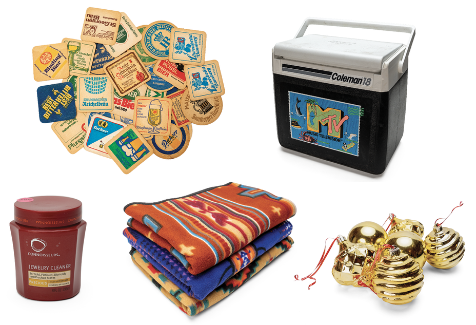 photos of pile of vintage coasters, MTV cooler, hair product, stack of folded blankets with southwestern motifs, holiday ornaments