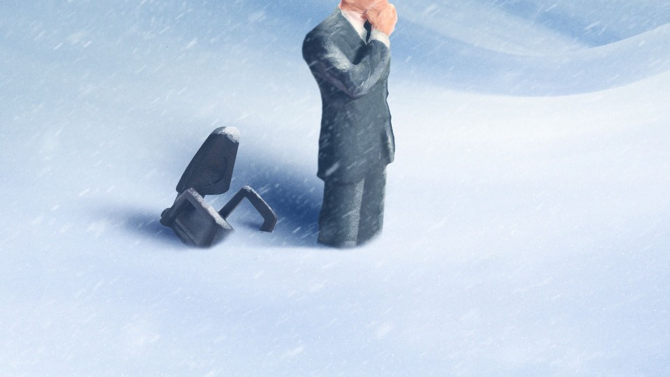 Illustration of a man in a suit buried up to his knees in snow
