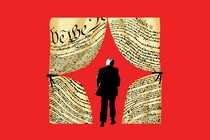 Illustration of Trump walking through the Constitution, as if they are curtains being pulled apart