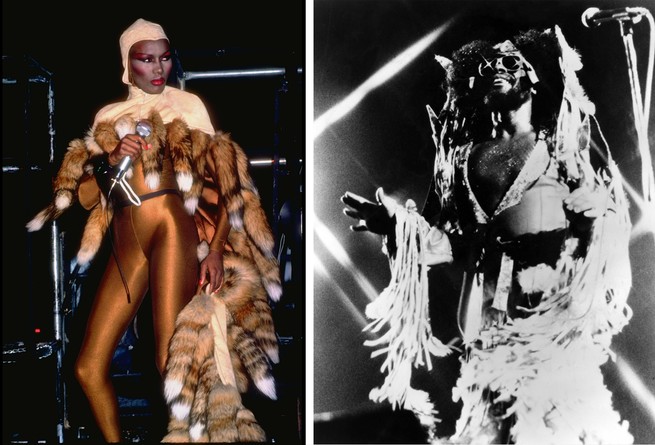 Grace Jones in brown fur and spandex and George Clinton in fringe