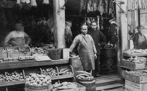 A Chinese butcher and grocery store in San Francisco, 1885.