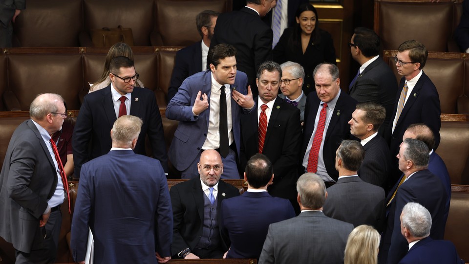 Rep.-elect Matt Gaetz (R-FL) talks to fellow members-elect during the second day of elections for Speaker of the House at the U.S. Capitol Building