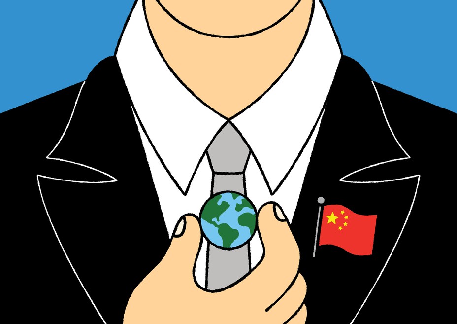 Illustration of person in suit and tie with Chinese flag pin holding small globe between fingers