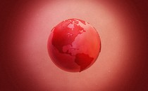 An illustration of Earth in space, cast in various shades of red