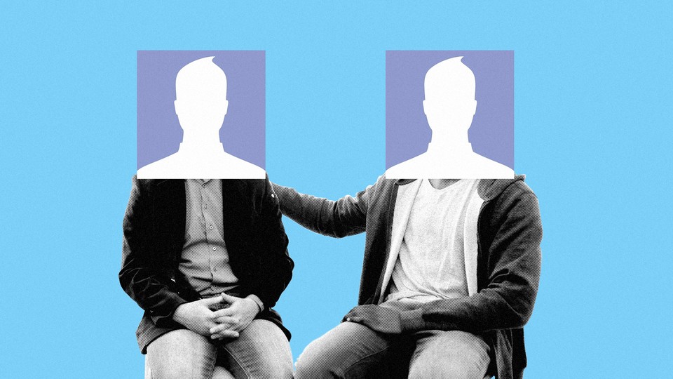 Two seated figures with heads that are the square Facebook default picture