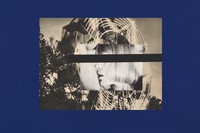 Black-and-white images of a woman and a spinning Ferris wheel on cobalt blue